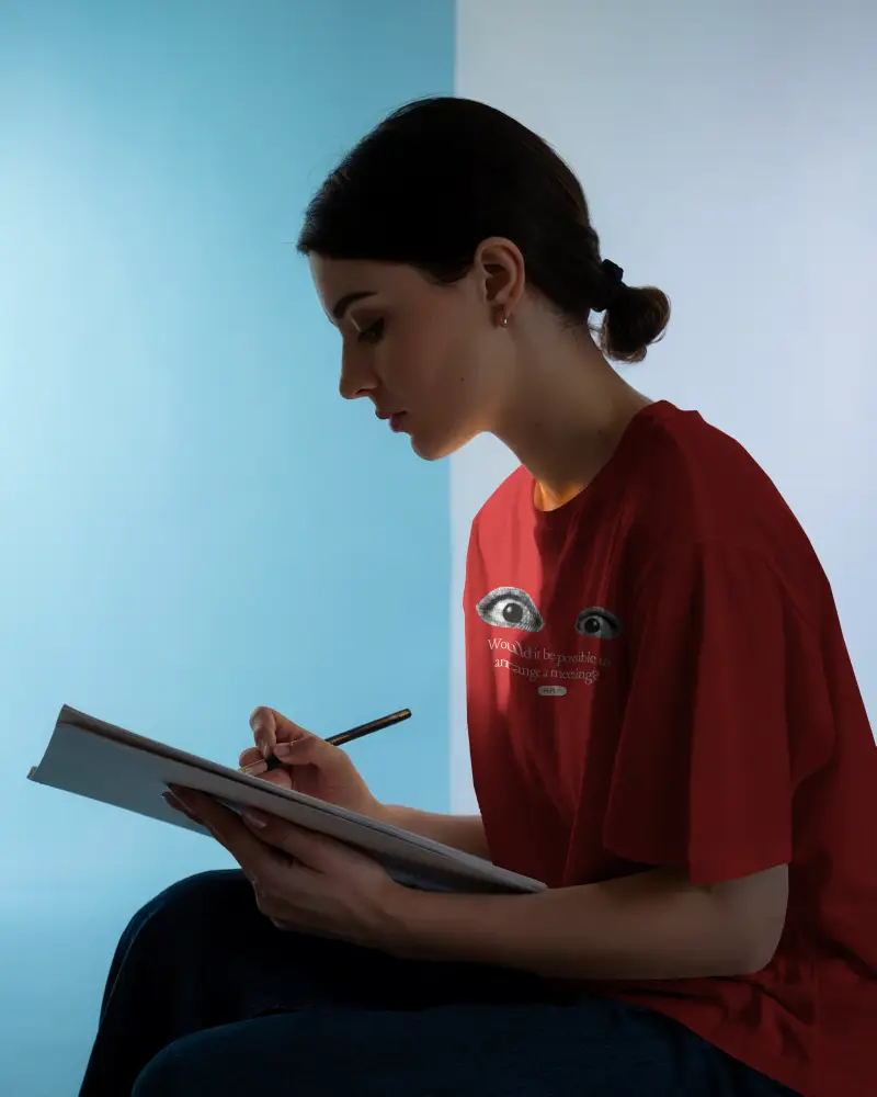 Boxy Tshirt Mockup Woman Drawing Side View Blue Gradient Background Artistic Creative Template