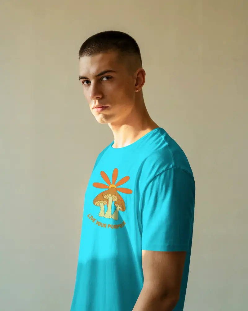Sunlit Interior T Shirt Mockup Male Model Looking Ahead Soft Natural Light Background Casual Fit