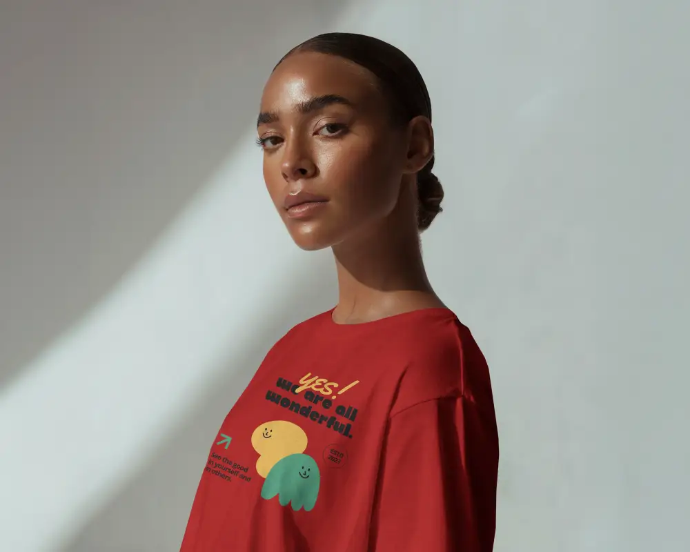 Sunbeam Lit T Shirt Mockup Female Model Facing Forward Minimal Aesthetic Shadow Elegant Studio