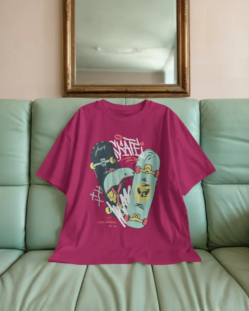 Mint Leather Sofa Boxy T Shirt Mockup Relaxed Interior Shot With Vintage Mirror Soft Lighting