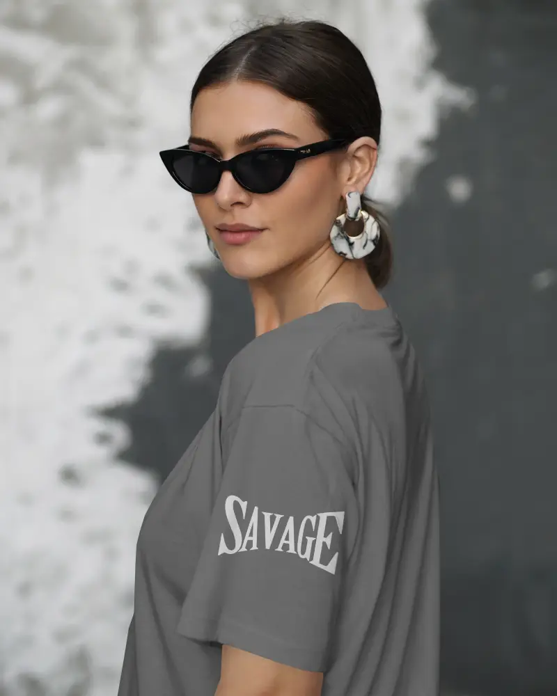 Urban Chic Sleeve Print T Shirt Mockup Female Model In Sunglasses With Bold Earrings Grunge Wall