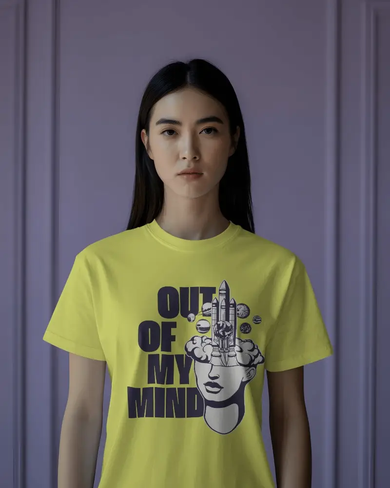 Studio Portrait T Shirt Mockup Female Model Facing Forward With Neutral Expression Against Lavender Panel Wall