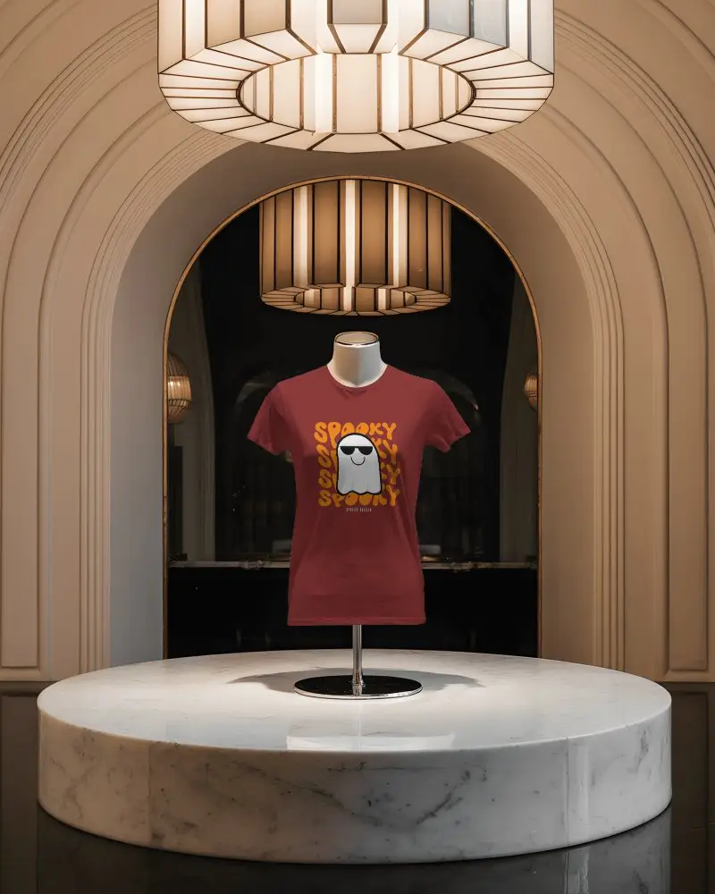 Luxury Display T Shirt Mockup On Mannequin In Grand Hall With Arched Ceiling And Marble Platform