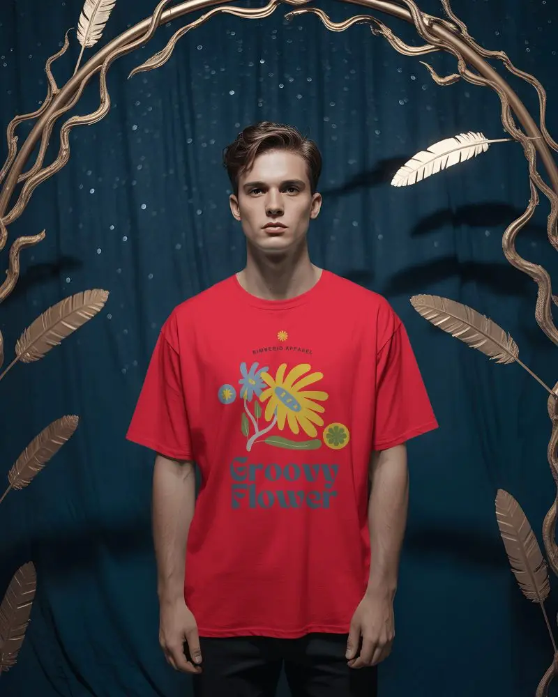 Luxury Decor Inspired T Shirt Mockup Male Model In Golden Branches With Dark Backdrop