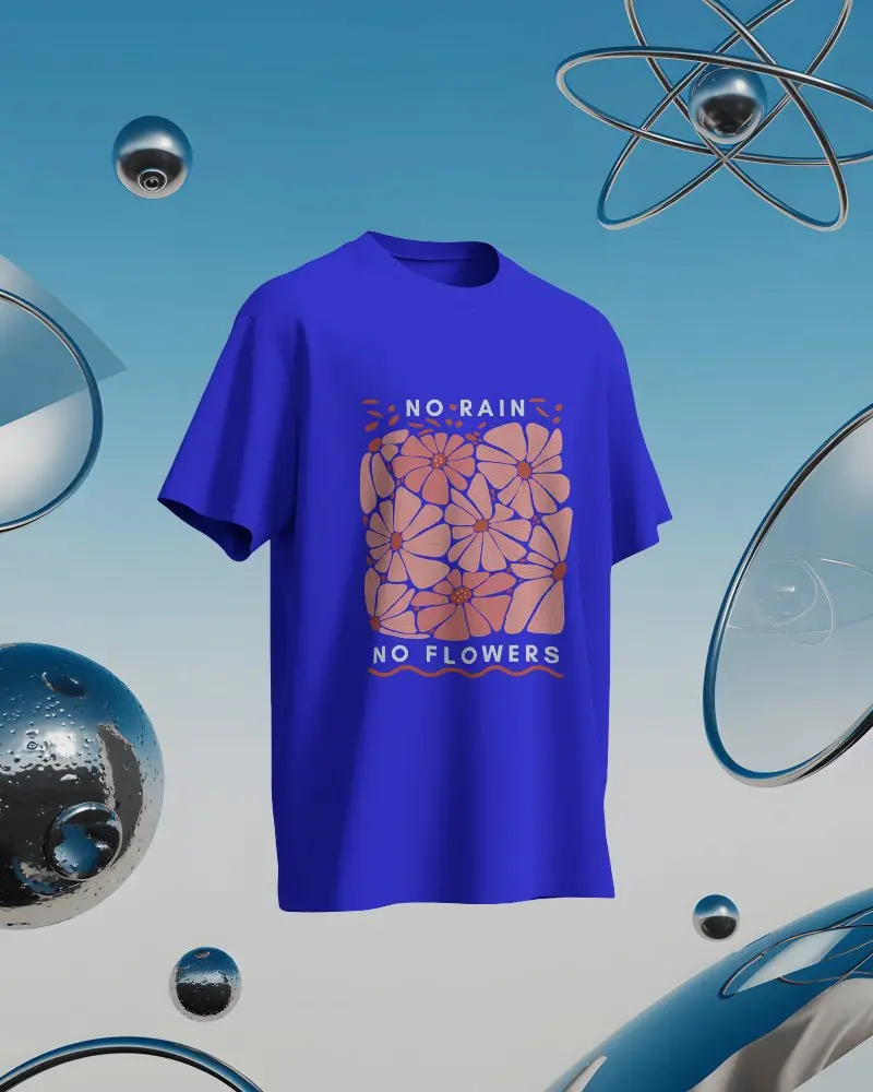 Futuristic Floating T Shirt Mockup Against Sky Gradient With Metallic Spheres And Atomic Design Elements