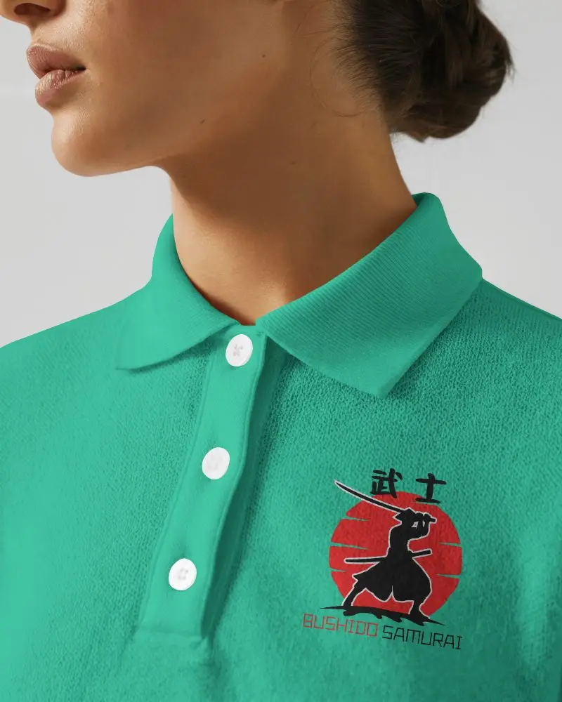 Closeup Polo T Shirt Mockup Female Model Side Profile In Soft Lighting With Button Detail Focus