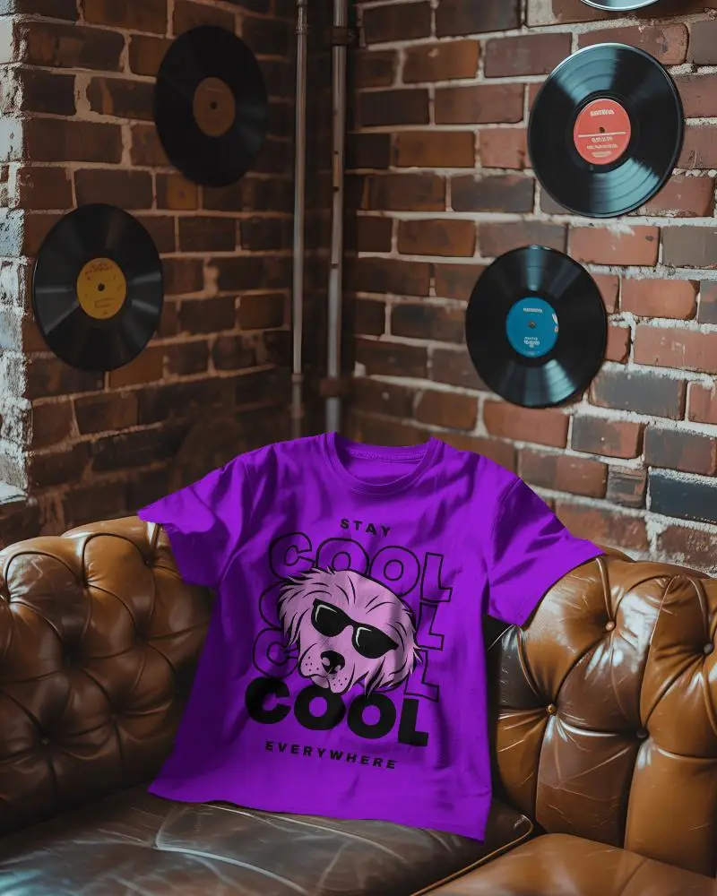 Retro Lounge T Shirt Mockup On Leather Sofa Against Brick Wall With Mounted Vinyl Records