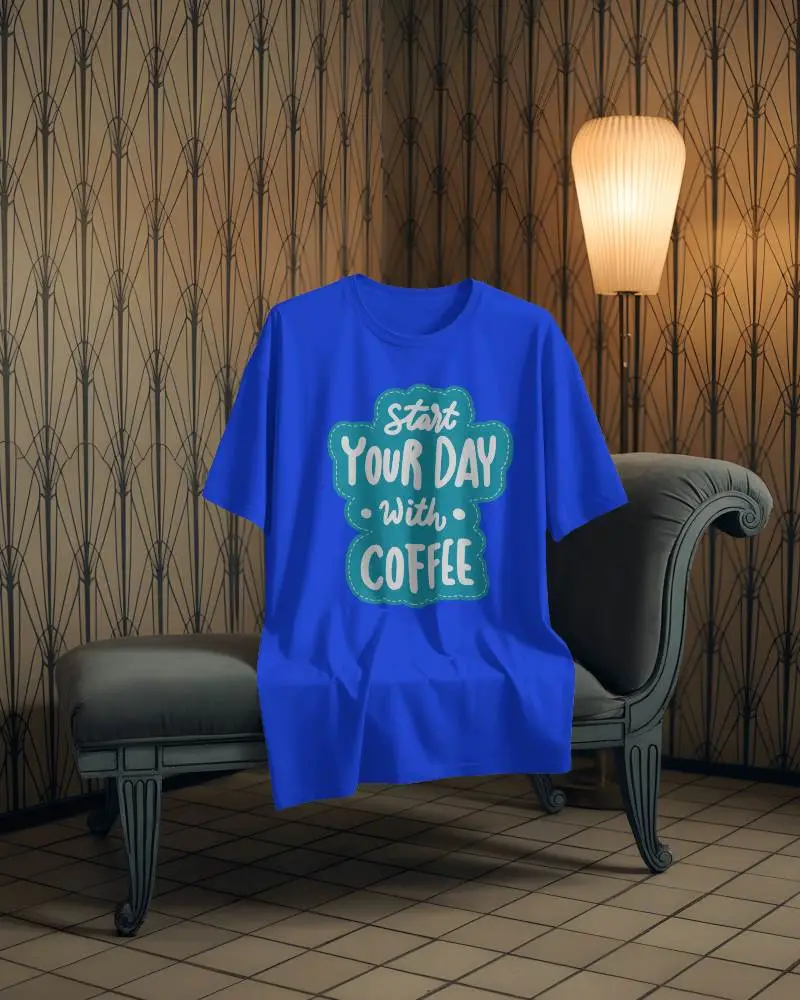 Vintage Luxury Room T Shirt Mockup Draped On Classic Chaise With Art Deco Wallpaper And Lamp