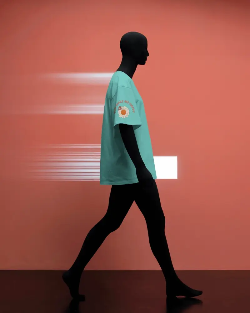 Motion Themed Fashion T Shirt Mockup Black Mannequin Walking Past Vibrant Orange Wall
