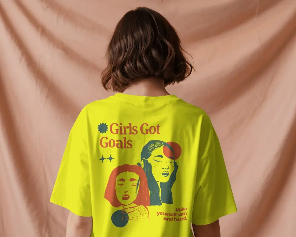 Studio Mockup Rear View Woman In Tee Against Creased Peach Fabric Backdrop