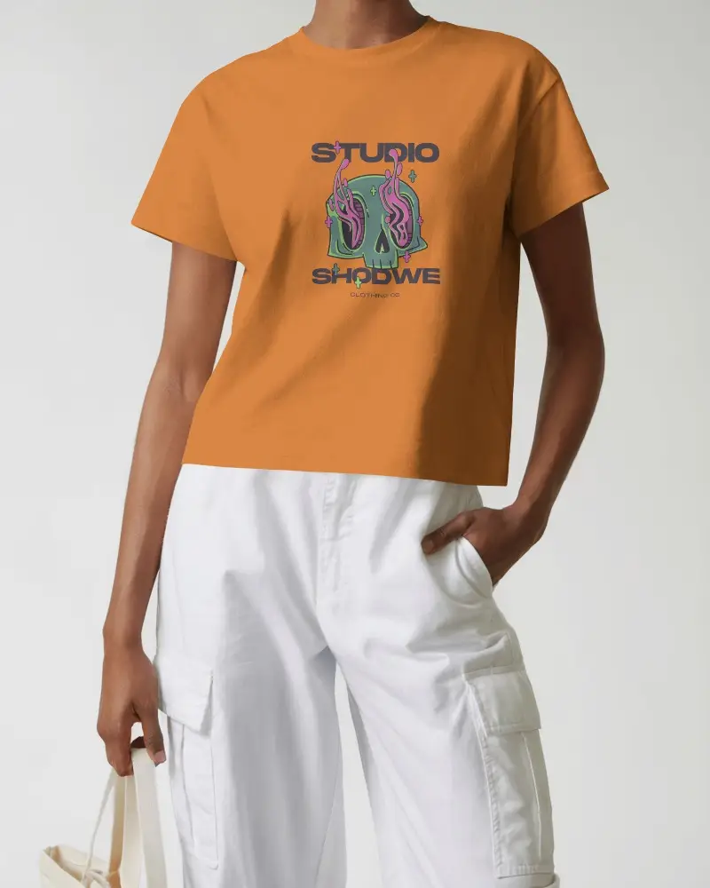 Modern Casual Mockup Woman In Tee And White Cargo Pants Holding Canvas Bag