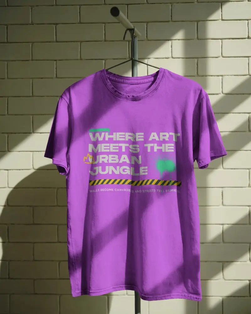 Sunlit Wall Hanger Washed Tshirt Mockup Tee On Metal Stand Casting Shadows On Soft Brick Wall