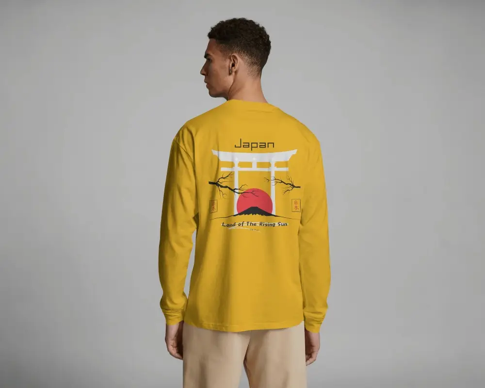 Rear View Long Sleeve T Shirt Mockup Man Facing Away In Clean Grey Background Setting