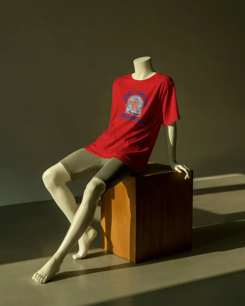 Moody Display T Shirt Mockup Minimal Mannequin Seated On Wood Block In Warm Spotlight