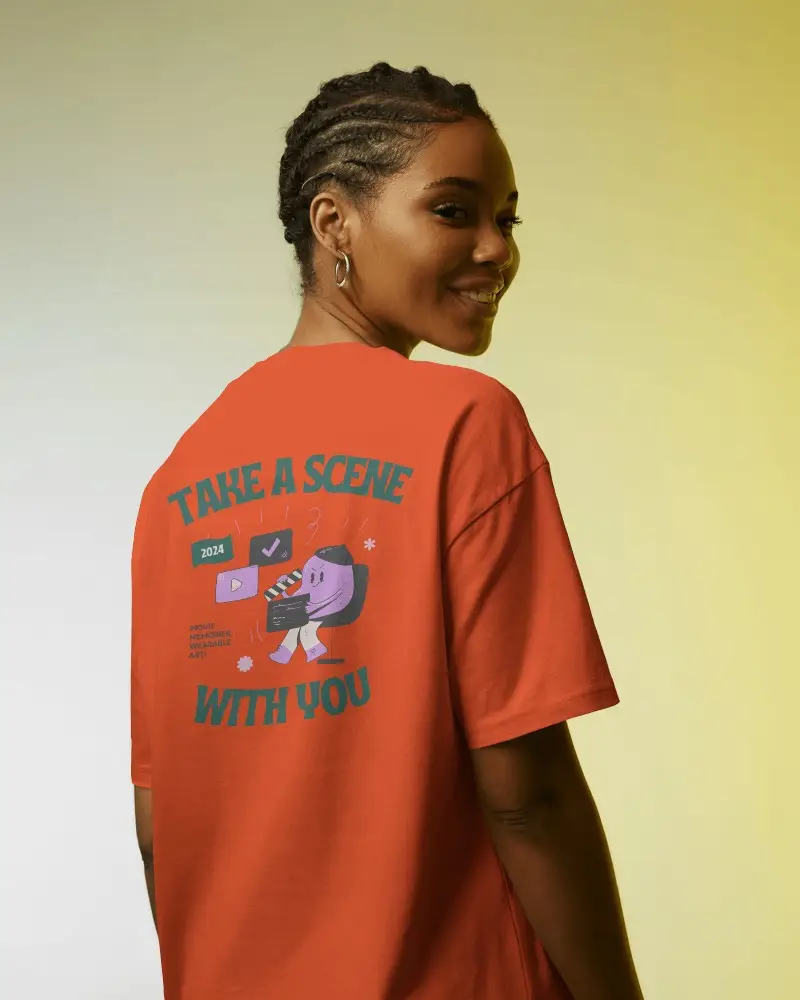 Half Turned T Shirt Mockup Smiling Woman In Gradient Light Background With Soft Expression