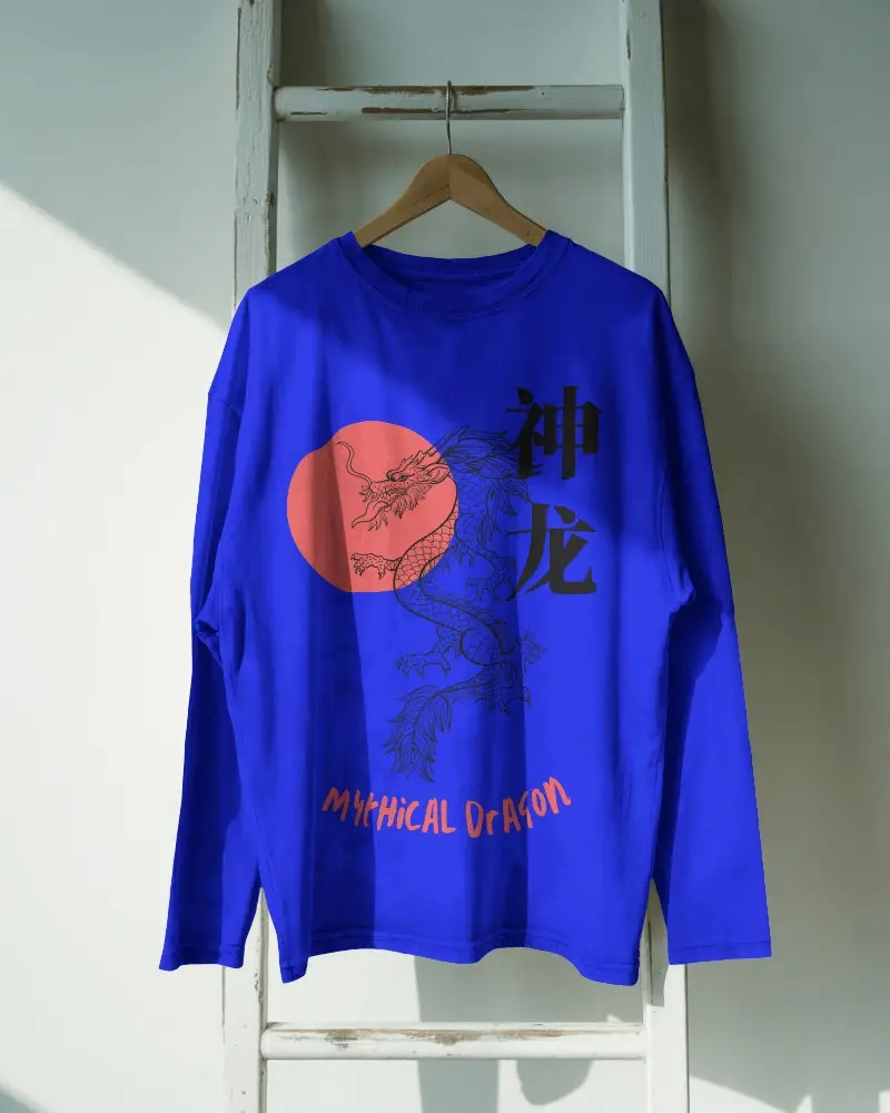 Hanger Display Long Sleeve T Shirt Mockup In Window Light On Distressed Wooden Ladder