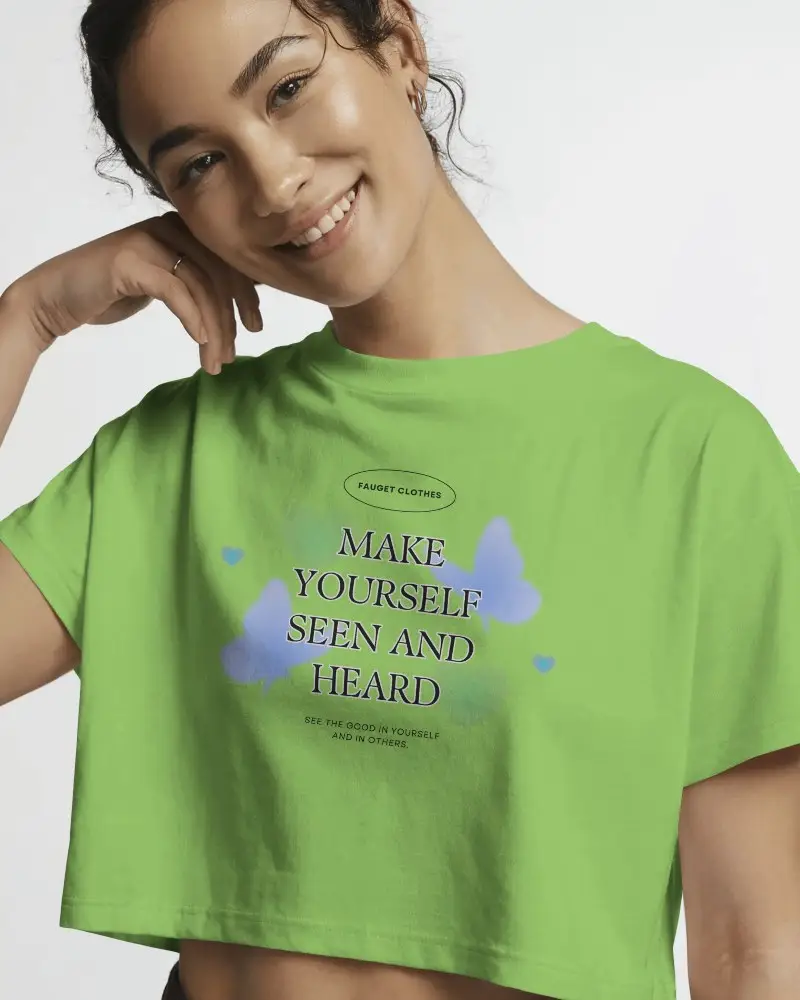 Clean Editorial Cropped T Shirt Mockup Smiling Model Posing Softly On White Background