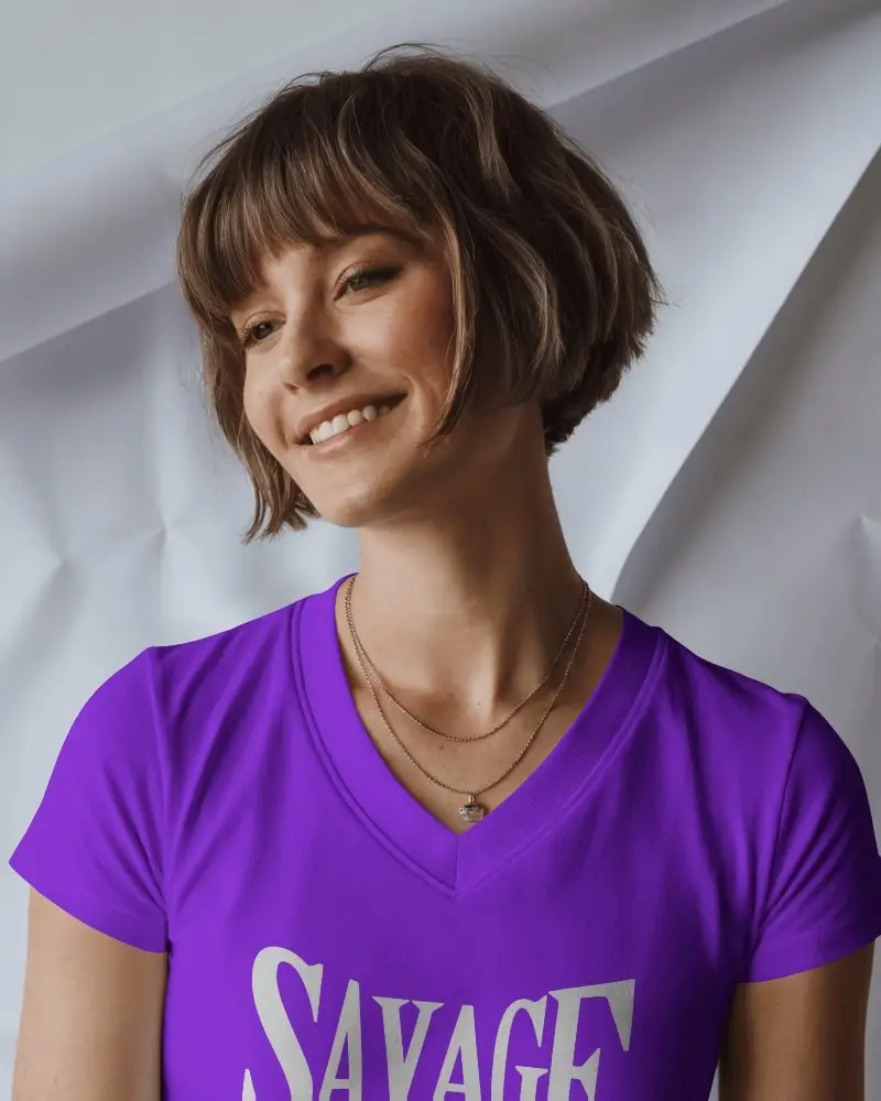 Layered Backdrop Vneck T Shirt Mockup Woman Smiling In Closeup Studio Portrait Scene
