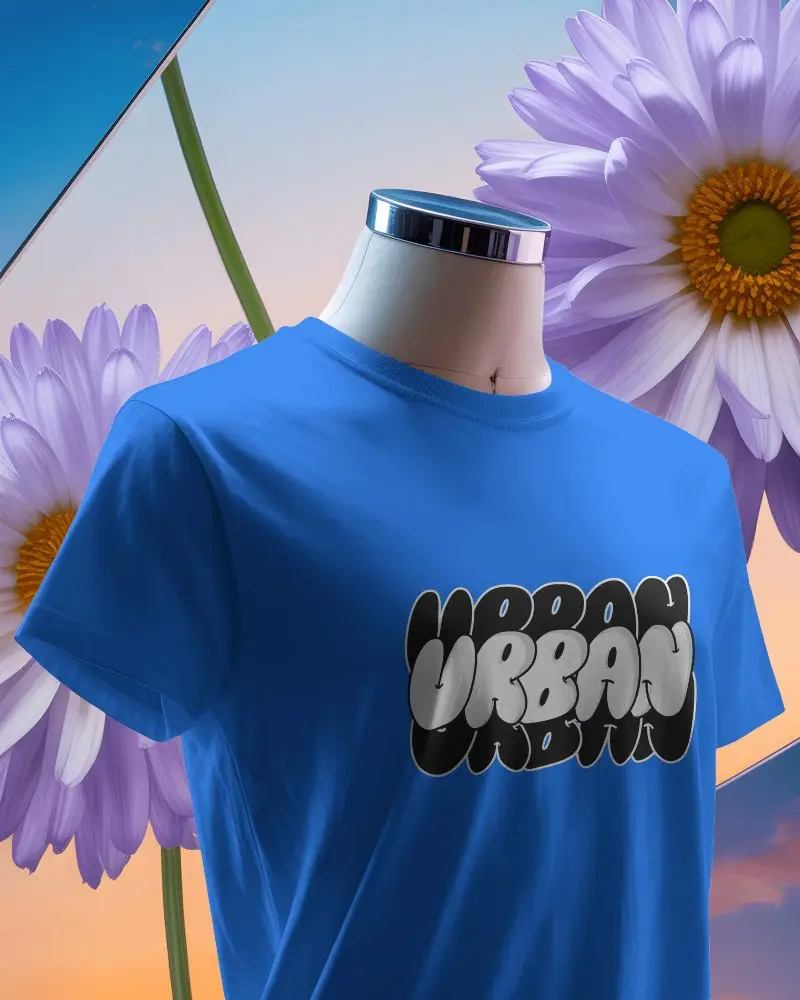 Surreal Scene T Shirt Mockup Floating Shirt On Mannequin With Large Purple Daisies