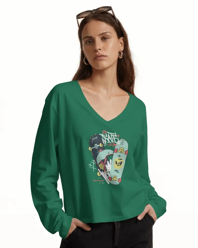 Front Facing Long Sleeve Vneck T Shirt Mockup Woman In Glasses On White Background