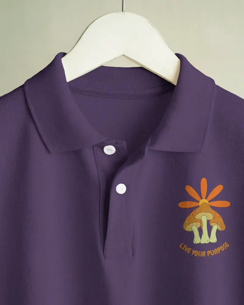 Closeup Polo Shirt Mockup Button Collar Design Hanging On Wooden Hanger In Soft Light