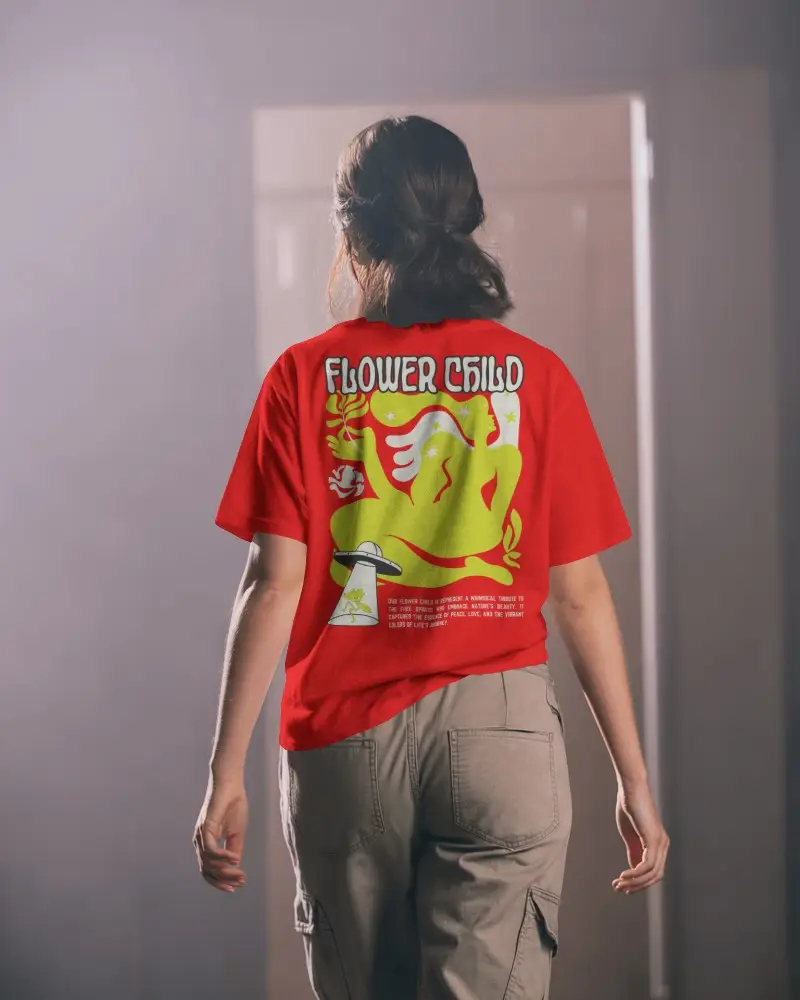 Indoor Tshirt Mockup Female Model Back View Casual Stance Light Through Doorway Soft Mood