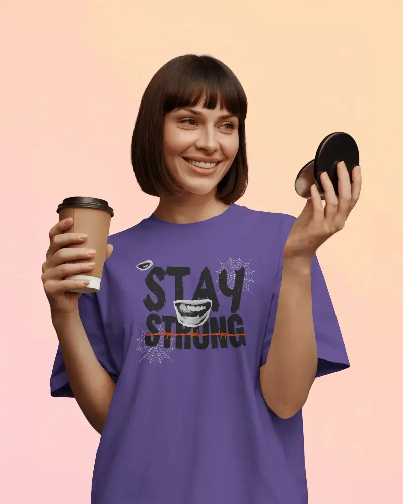Cheerful Tshirt Mockup Female Model Smiling With Coffee And Makeup Compact In Hand