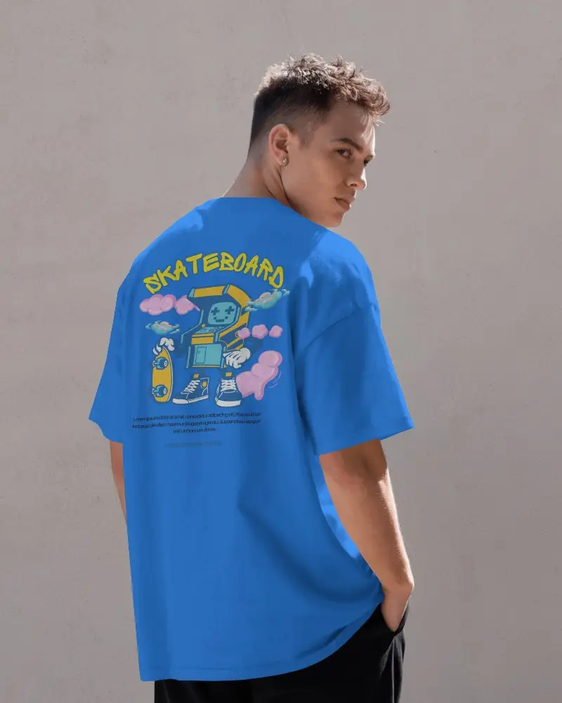 Back Facing T Shirt Mockup On Male Model Under Daylight Against Neutral Wall Texture