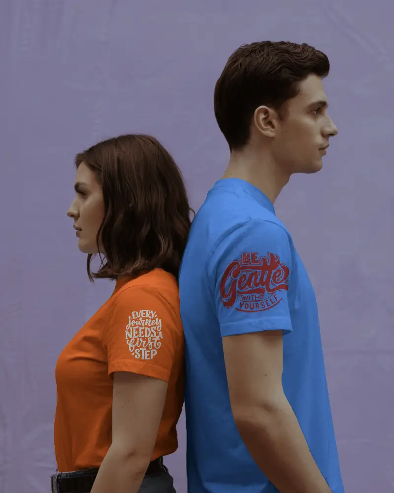Couple Looking Sides Basic Short Sleeve Crewneck Tshirt Mockup Studio Background