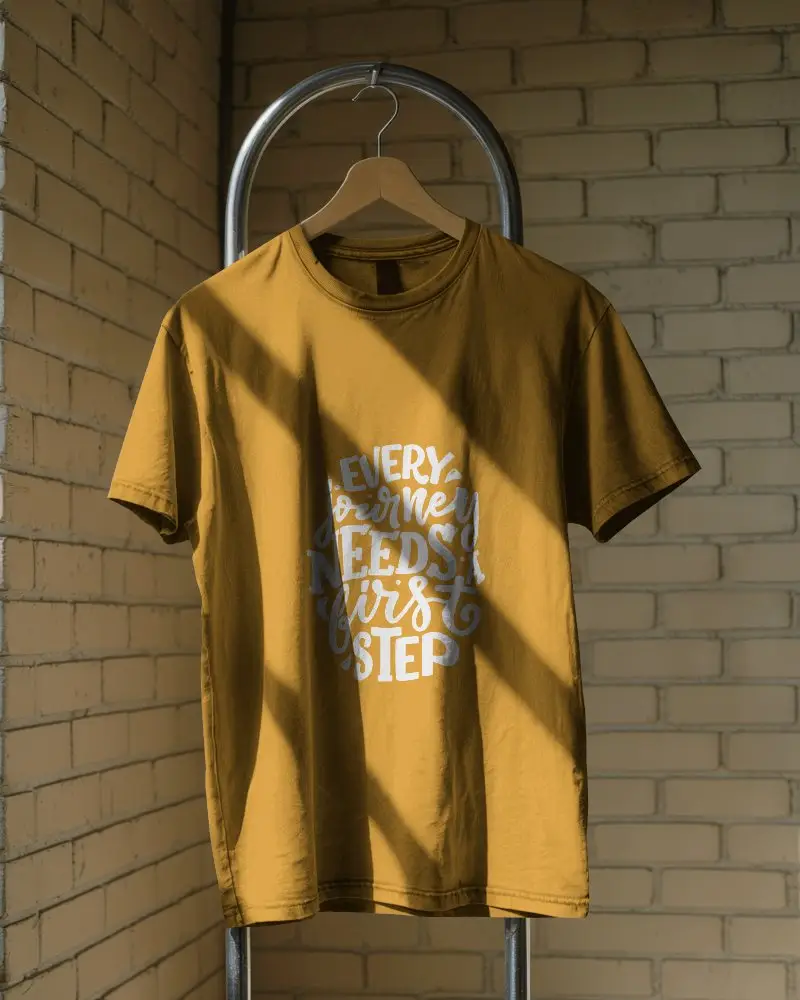 Plain Tshirt Mockup Hanging On Wooden Hanger In Industrial Style Room Background 02096