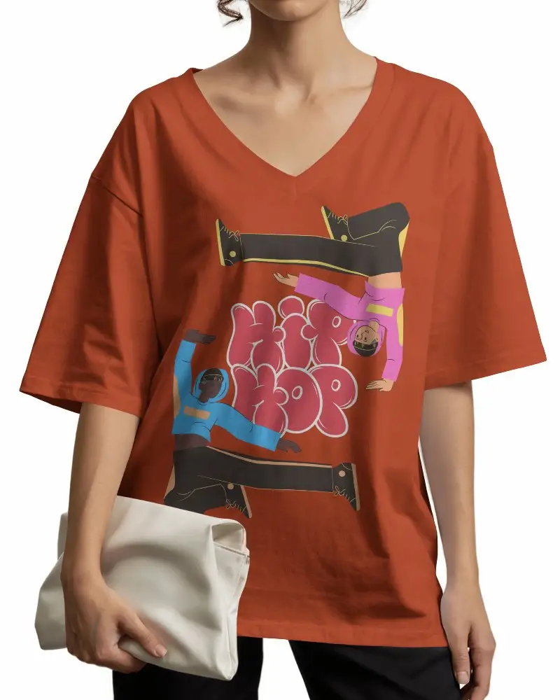 Fashion Forward V Neck T Shirt Mockup Female Model Holding Purse Clean White Studio Background