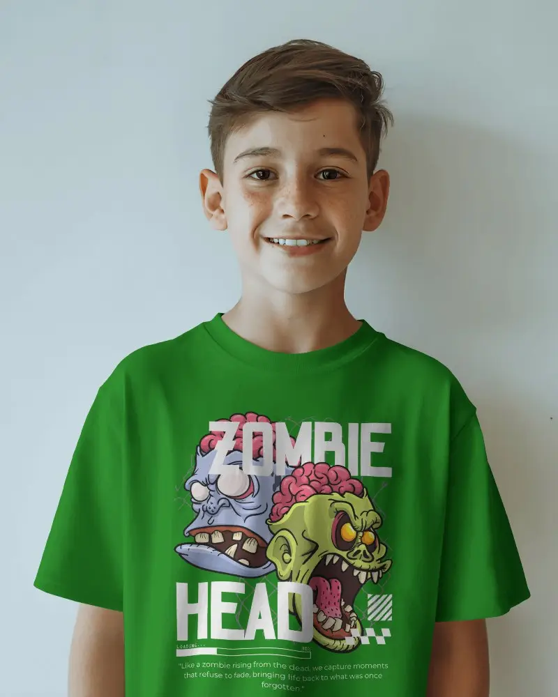 Happy Boy In T Shirt Mockup With Freckles Standing Against Light Blue Background Smiling