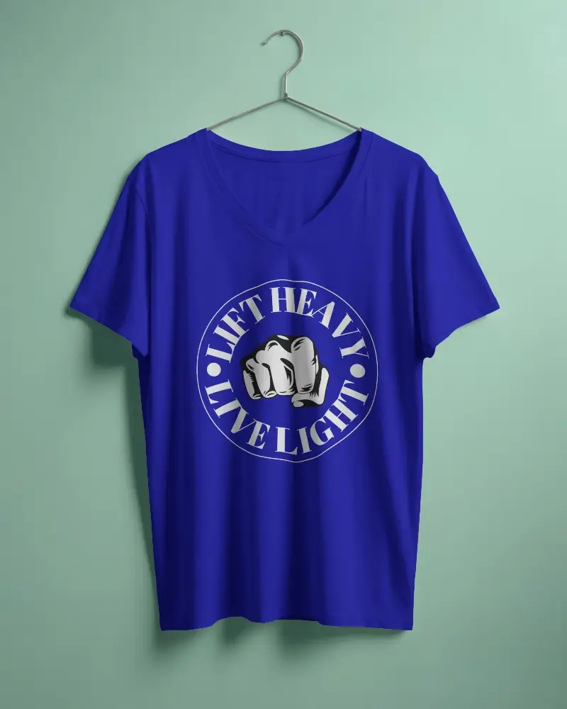 V Neck T Shirt Hanging On Metal Hook Mockup Against A Soft Green Background Light Shadow