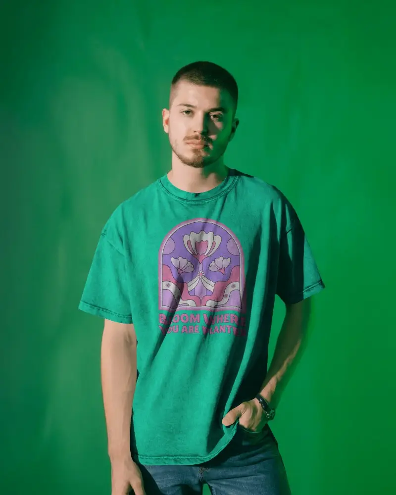 Trendy Minimalist Acid Wash Tshirt Mockup Featuring Male Model And Versatile Styling Choice