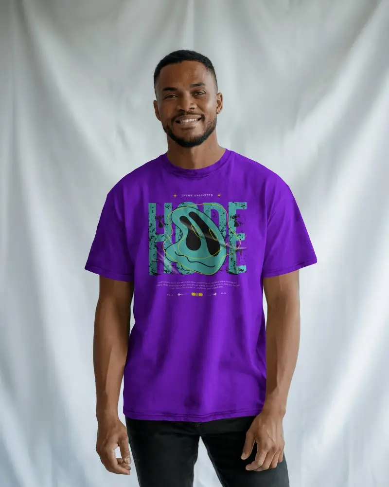 Casual Studio T Shirt Mockup Black Male Model Smiling In Relaxed White Backdrop
