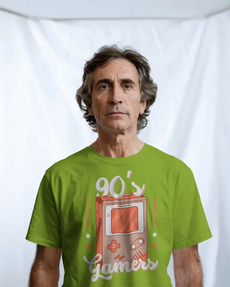 Senior Male Model T Shirt Mockup Front Facing Shot On White Draped Studio Background