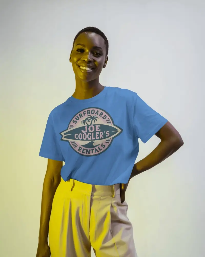 Vibrant Smile T Shirt Mockup Female Model Posing With Yellow Toned Light On Neutral Backdrop