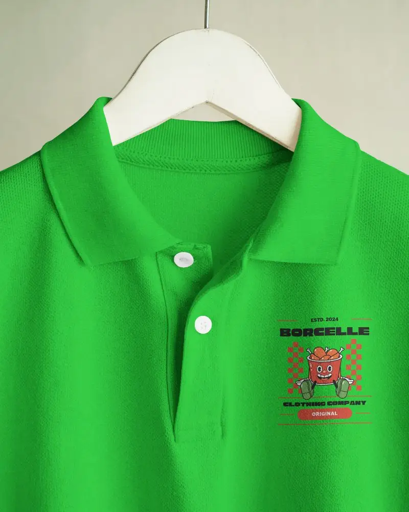 Close Up Polo Shirt Mockup On Wooden Hanger With Textured Fabric And Minimal Background