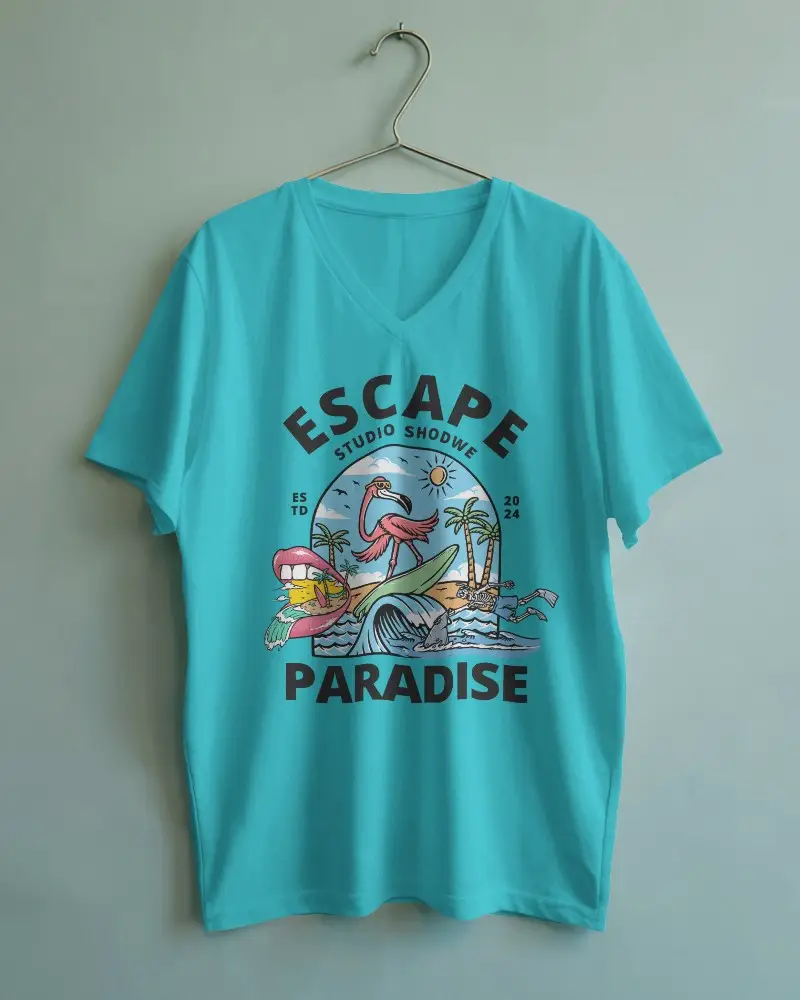 V Neck T Shirt Hanging Mockup On Metal Hook Against Soft Green Wall In Studio Light