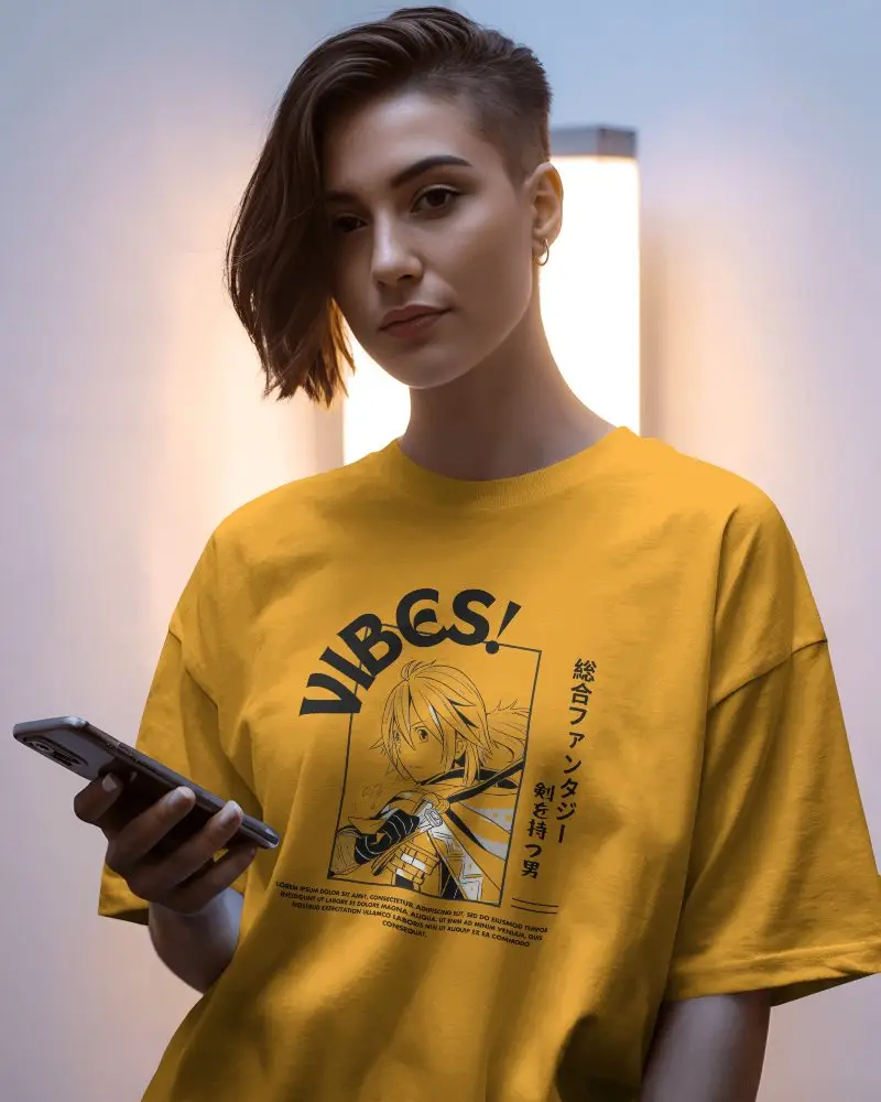 Stylish Urban Woman Model Posing In Oversized T Shirt Mockup With Smartphone Modern Portrait Shot