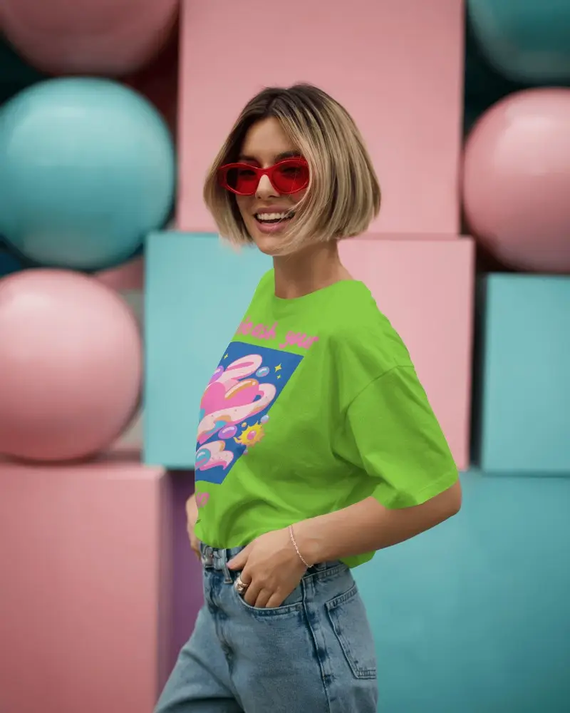 Pastel Vibrant Cubes And Spheres Tshirt Mockup Happy Woman Wearing Casual Outfit