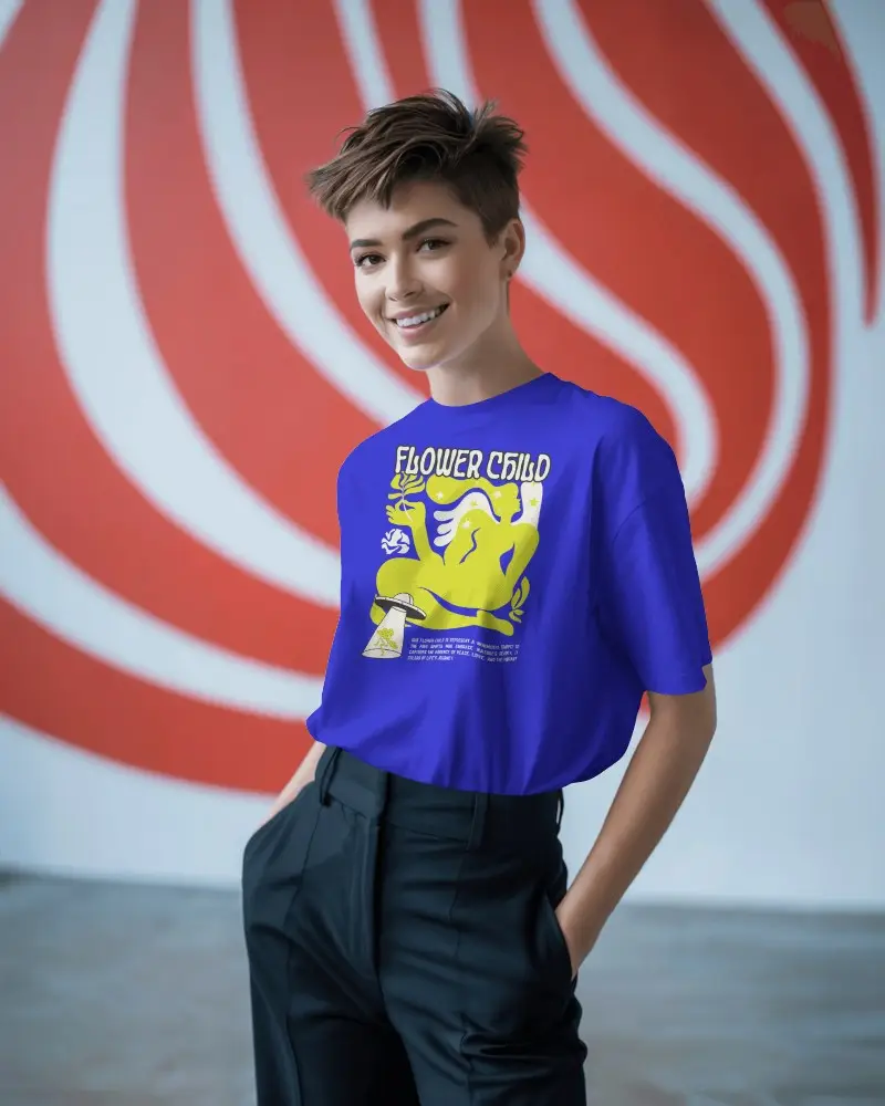 Abstract Wall T Shirt Mockup Female Model Smiling With Hands In Pocket Modern Studio Look