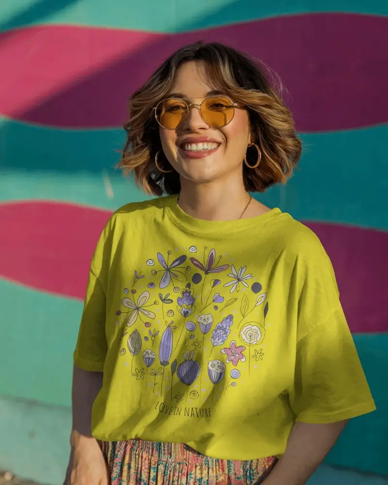 Urban Vibes T Shirt Mockup Smiling Female Model In Streetwear Against Wavy Mural