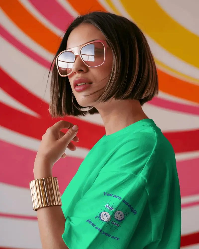 T Shirt Mockup Stylish Woman Wearing Sunglasses With Pink Orange Swirl Wall Background