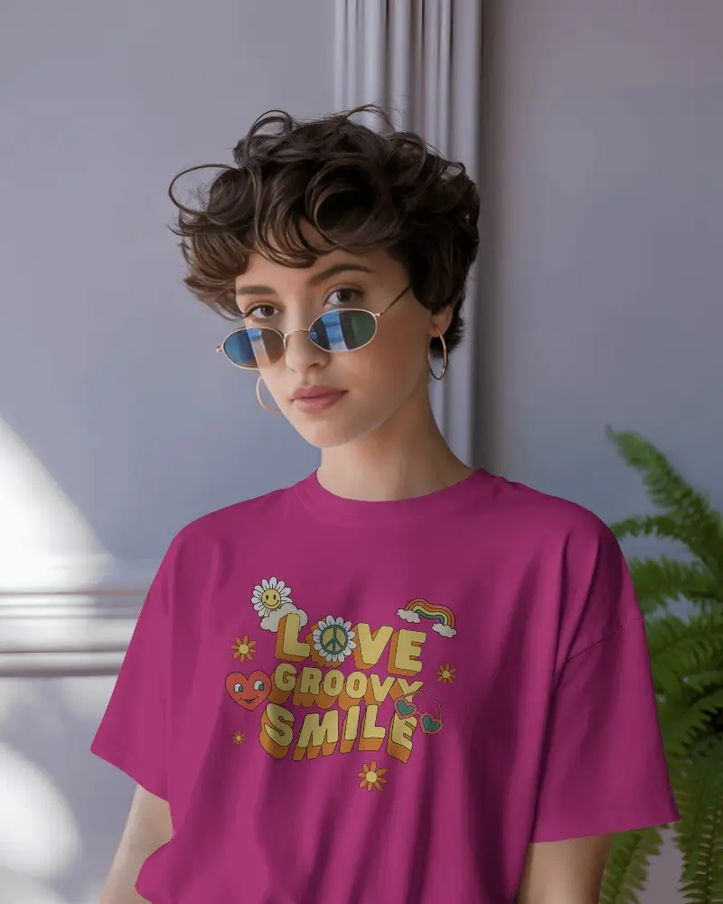 T Shirt Mockup Short Haired Woman With Blue Tint Sunglasses In Bright Minimal Room