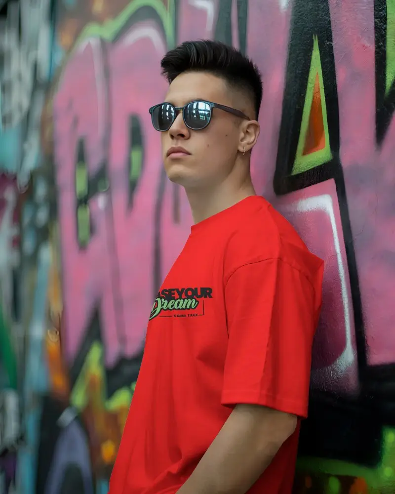 T Shirt Mockup Male Model Standing In Front Of Colorful Graffiti Wall Wearing Sunglasses