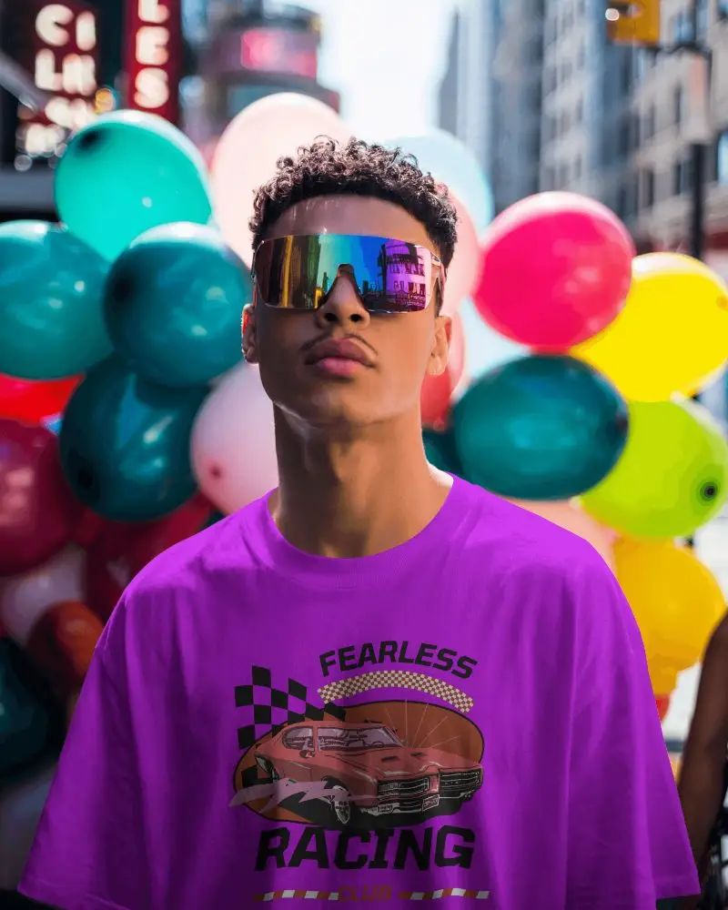 T Shirt Mockup Stylish Man Wearing Sunglasses In Sunny Street Filled With Colorful Balloons