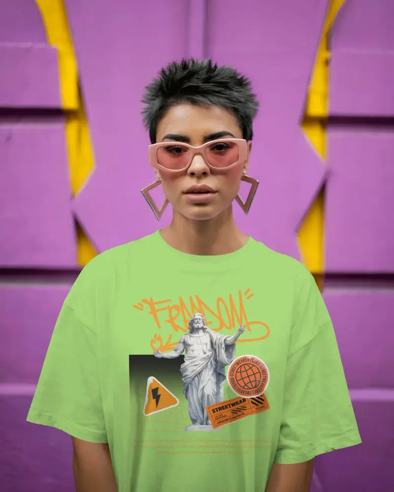 Edgy Streetwear Bold Purple Wall T Shirt Mockup Short Hair Model In Statement Sunglasses And Tee