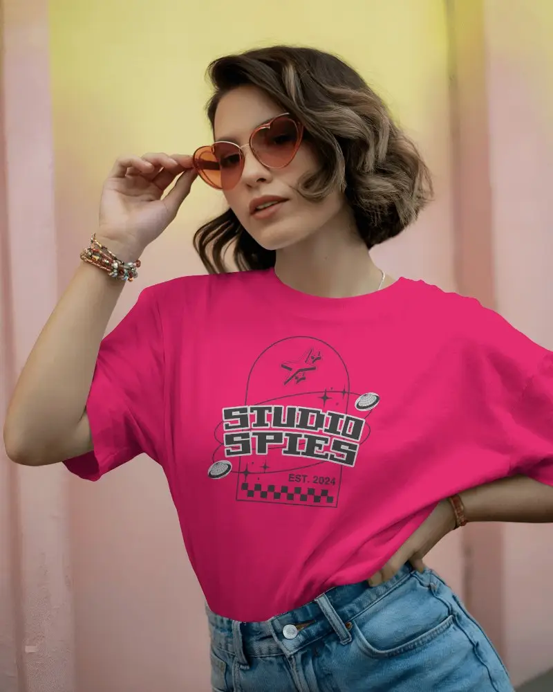 Fashionable Woman Tshirt Mockup Posing In Heart Sunglasses With Pastel Colored Wall