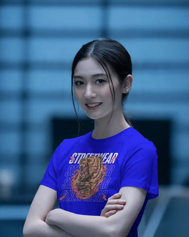 Professional Indoor T Shirt Mockup On Smiling Asian Woman In Modern Corporate Space